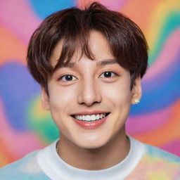 A high-quality, artistic portrait of Jungkook from BTS. He's featuring a colorful background, while he's smiling generously and embodying the energetic and charismatic aura he's known for.