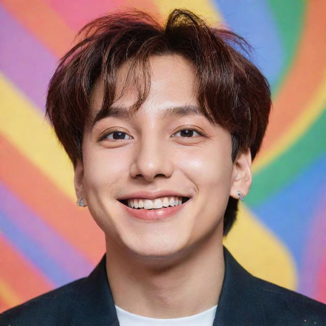 A high-quality, artistic portrait of Jungkook from BTS. He's featuring a colorful background, while he's smiling generously and embodying the energetic and charismatic aura he's known for.