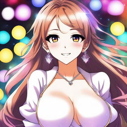 A beautiful smiling anime woman with large breasts, wearing a stylish outfit