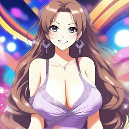 A beautiful smiling anime woman with large breasts, wearing a stylish outfit