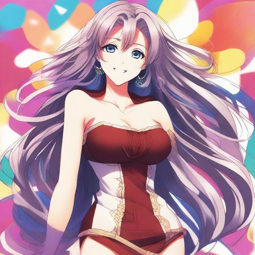 A beautiful smiling anime woman with a voluptuous figure, wearing a stylish outfit