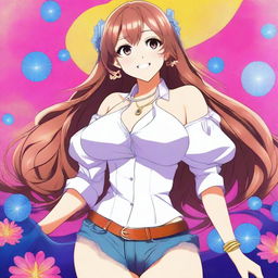 A beautiful smiling anime woman with a voluptuous figure, wearing a stylish outfit