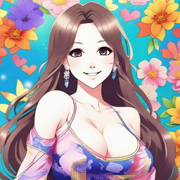 A beautiful smiling anime woman with a voluptuous figure, wearing a stylish outfit