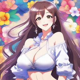 A beautiful smiling anime woman with a voluptuous figure, wearing a stylish outfit