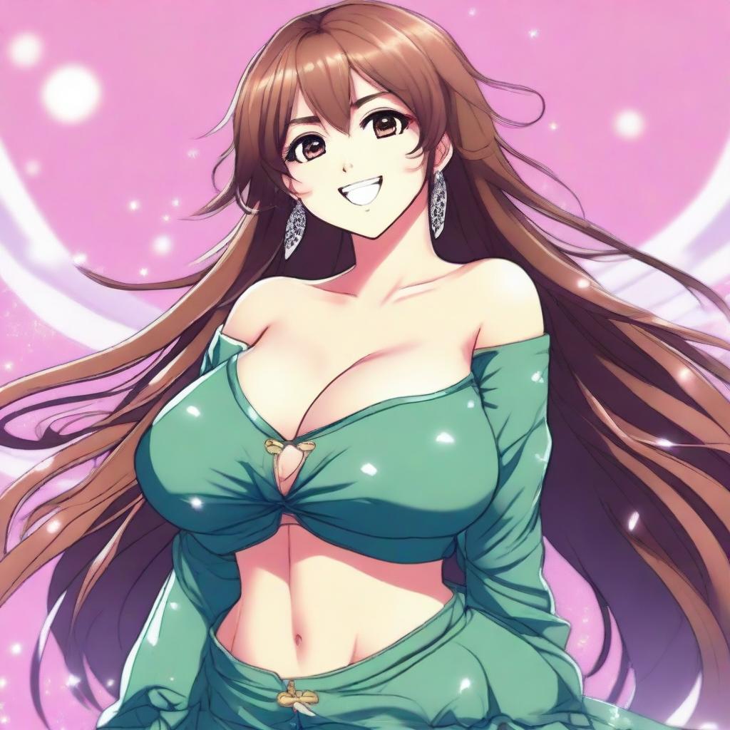 A beautiful smiling anime woman with a voluptuous figure, including large breasts and a curvy backside