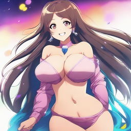 A beautiful smiling anime woman with a voluptuous figure, including large breasts and a curvy backside