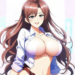 A beautiful smiling anime woman with a voluptuous figure, including large breasts and a curvy backside