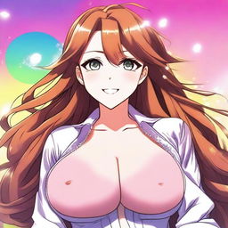 A beautiful smiling anime woman with a voluptuous figure, featuring large breasts