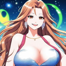 A beautiful smiling anime woman with a voluptuous figure, featuring large breasts