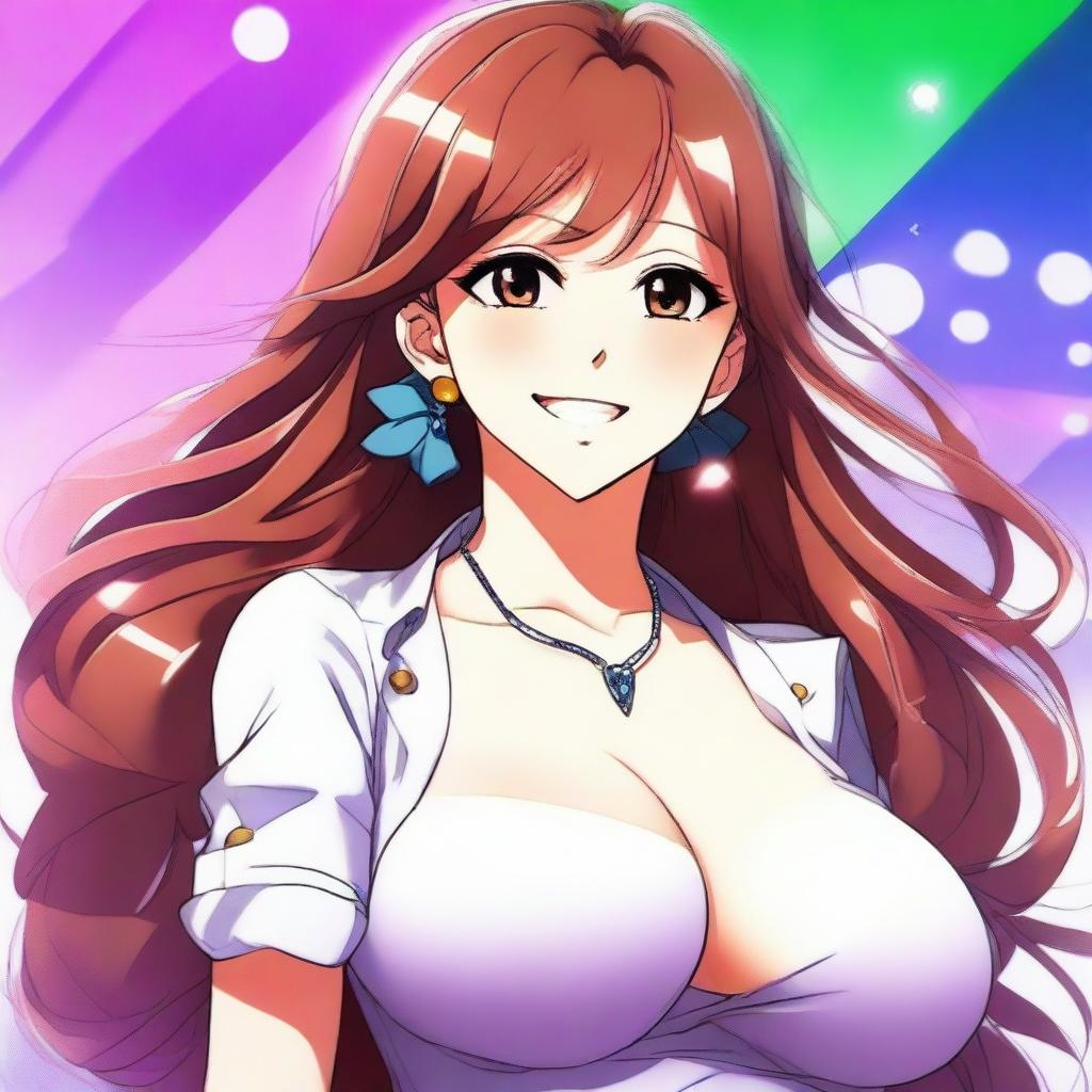 A beautiful smiling anime woman with a voluptuous figure, featuring large breasts