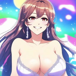 A beautiful smiling anime woman with a voluptuous figure, featuring large breasts