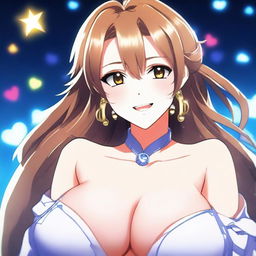 A beautiful smiling anime woman with extremely large breasts, the largest in the world