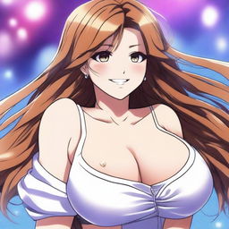 A beautiful smiling anime woman with extremely large breasts, the largest in the world