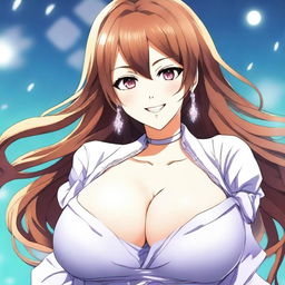 A beautiful smiling anime woman with extremely large breasts, the largest in the world