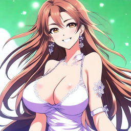 A beautiful smiling anime woman with extremely large breasts, the largest in the world