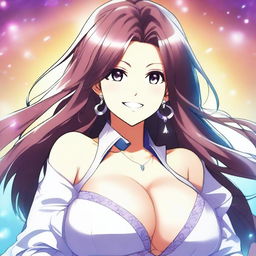 A beautiful smiling anime woman with extremely large breasts, the largest in the world, and a curvy backside