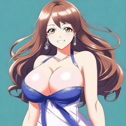 A beautiful smiling anime woman with extremely large breasts, the largest in the world, and a curvy backside