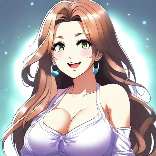 A beautiful smiling anime woman with extremely large breasts, the largest in the world, and a curvy backside