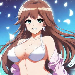 A beautiful smiling anime woman with extremely large breasts, the largest in the world, and a curvy backside