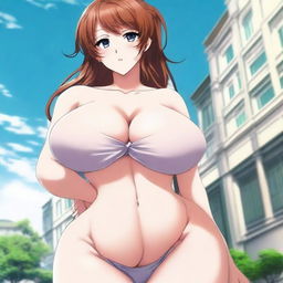 Create an anime character with extremely large breasts