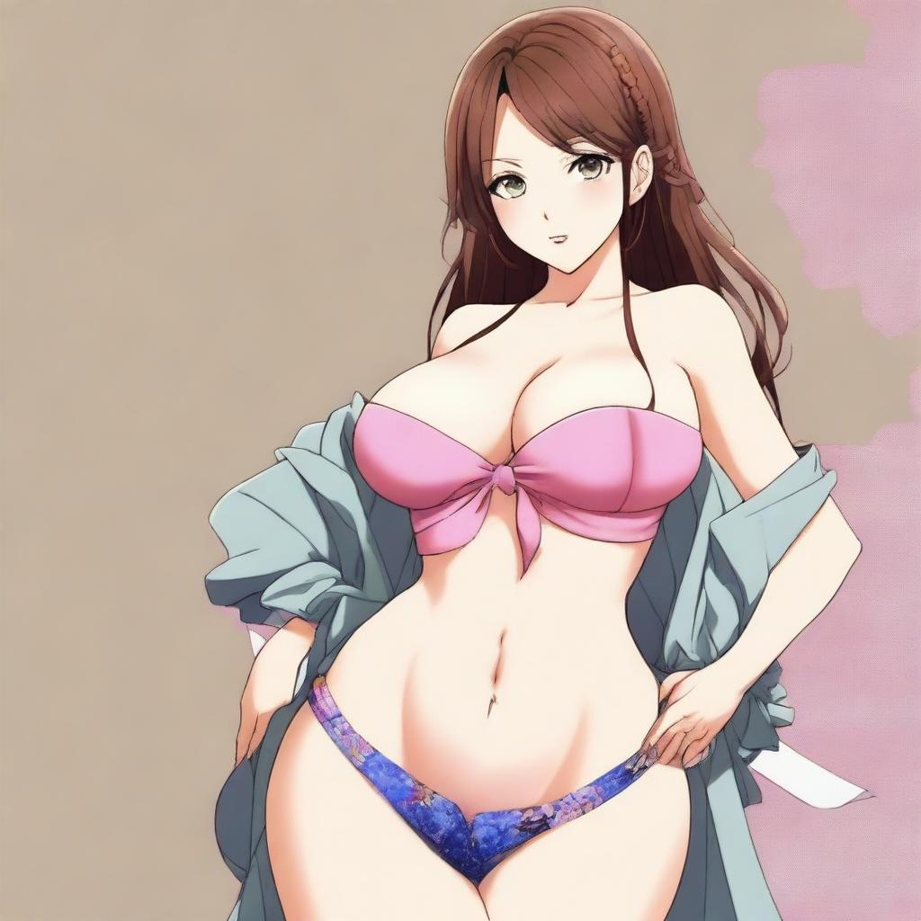 Create an anime woman with extremely large breasts, wearing stylish clothes