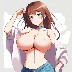 Create an anime woman with extremely large breasts, wearing stylish clothes