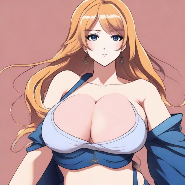 Create an anime woman with extremely large breasts, ten times bigger than a human's, wearing stylish clothes