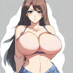 Create an anime woman with extremely large breasts, ten times bigger than a human's, wearing stylish clothes