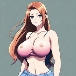 Create an anime woman with extremely large breasts, ten times bigger than a human's, wearing stylish clothes