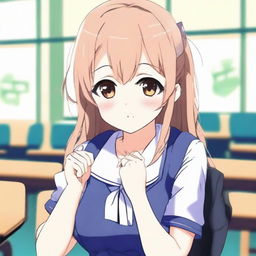 Create an image of a shy but beautiful anime woman at school