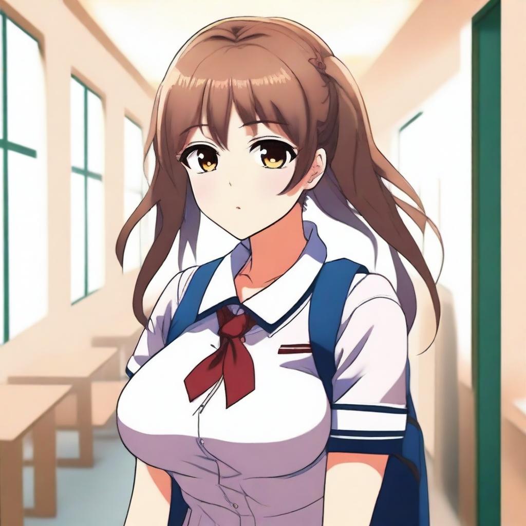 Create an image of a shy but beautiful anime woman at school