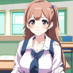 Create an image of a shy but beautiful anime woman at school