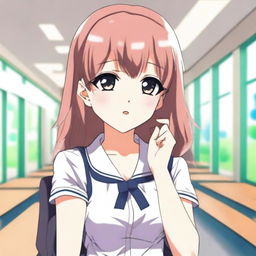 Create an image of a shy but beautiful anime woman at school