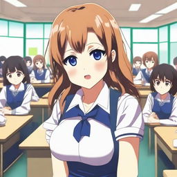 A shy but beautiful anime woman at school, known for having the largest breasts in the school