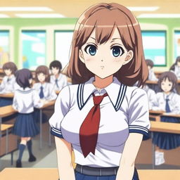 A shy but beautiful anime woman at school, known for having the largest breasts in the school