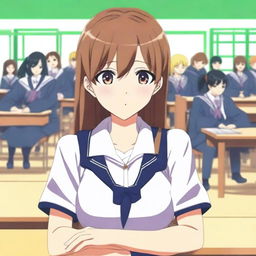 A shy but beautiful anime woman at school, known for having the largest breasts in the school