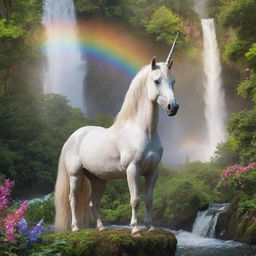 A majestic unicorn in a lush, enchanted forest, with a sparkling waterfall in the background under a brightly shimmering rainbow.