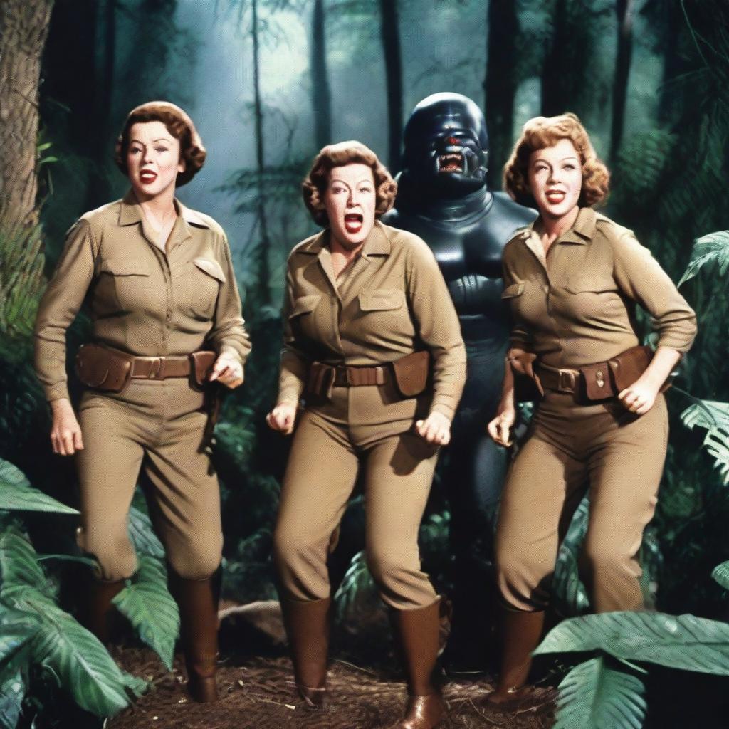 Ethel Merman, Rosemary Clooney, and Martha Raye dressed like commandos in a dense jungle, battling an alien creature