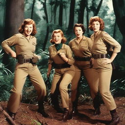 Ethel Merman, Rosemary Clooney, and Martha Raye dressed like commandos in a dense jungle, battling an alien creature