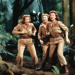 Ethel Merman, Rosemary Clooney, and Martha Raye dressed like commandos in a dense jungle, battling an alien creature