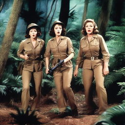 Ethel Merman, Rosemary Clooney, and Martha Raye dressed like commandos in a dense jungle, battling an alien creature