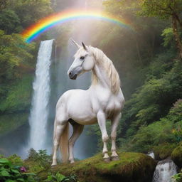 A majestic unicorn in a lush, enchanted forest, with a sparkling waterfall in the background under a brightly shimmering rainbow.