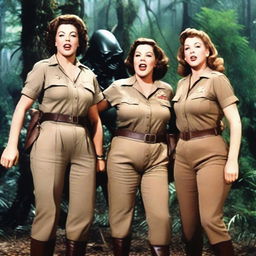 Ethel Merman, Rosemary Clooney, and Martha Raye as they appeared before their deaths, dressed like commandos in a dense jungle, battling an alien creature