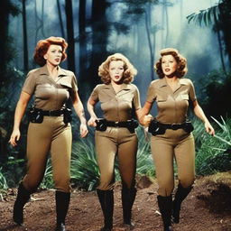 Ethel Merman, Rosemary Clooney, and Martha Raye as they appeared before their deaths, dressed like commandos in a dense jungle, battling an alien creature