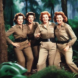 Ethel Merman, Rosemary Clooney, and Martha Raye as they appeared before their deaths, dressed like commandos in a dense jungle, battling an alien creature