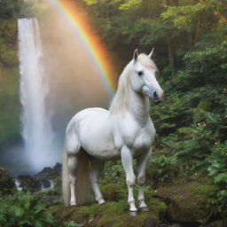 A majestic unicorn in a lush, enchanted forest, with a sparkling waterfall in the background under a brightly shimmering rainbow.