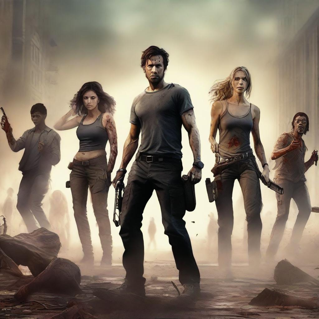 A thrilling scene of five friends banding together in a post-apocalyptic world, surrounded by a horde of zombies