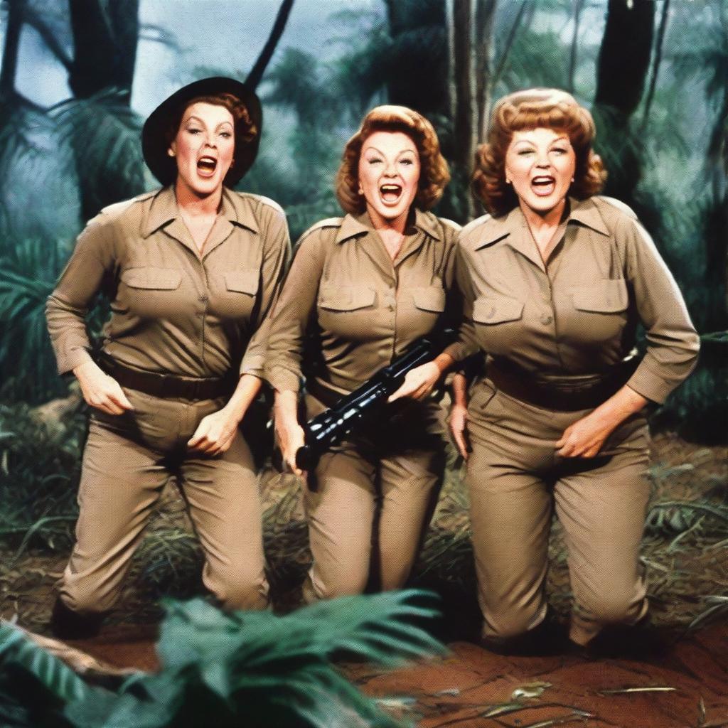 Ethel Merman, Rosemary Clooney, and Martha Raye in their 60s, dressed like commandos in a dense jungle, battling an alien creature