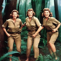 Ethel Merman, Rosemary Clooney, and Martha Raye in their 60s, dressed like commandos in a dense jungle, battling an alien creature