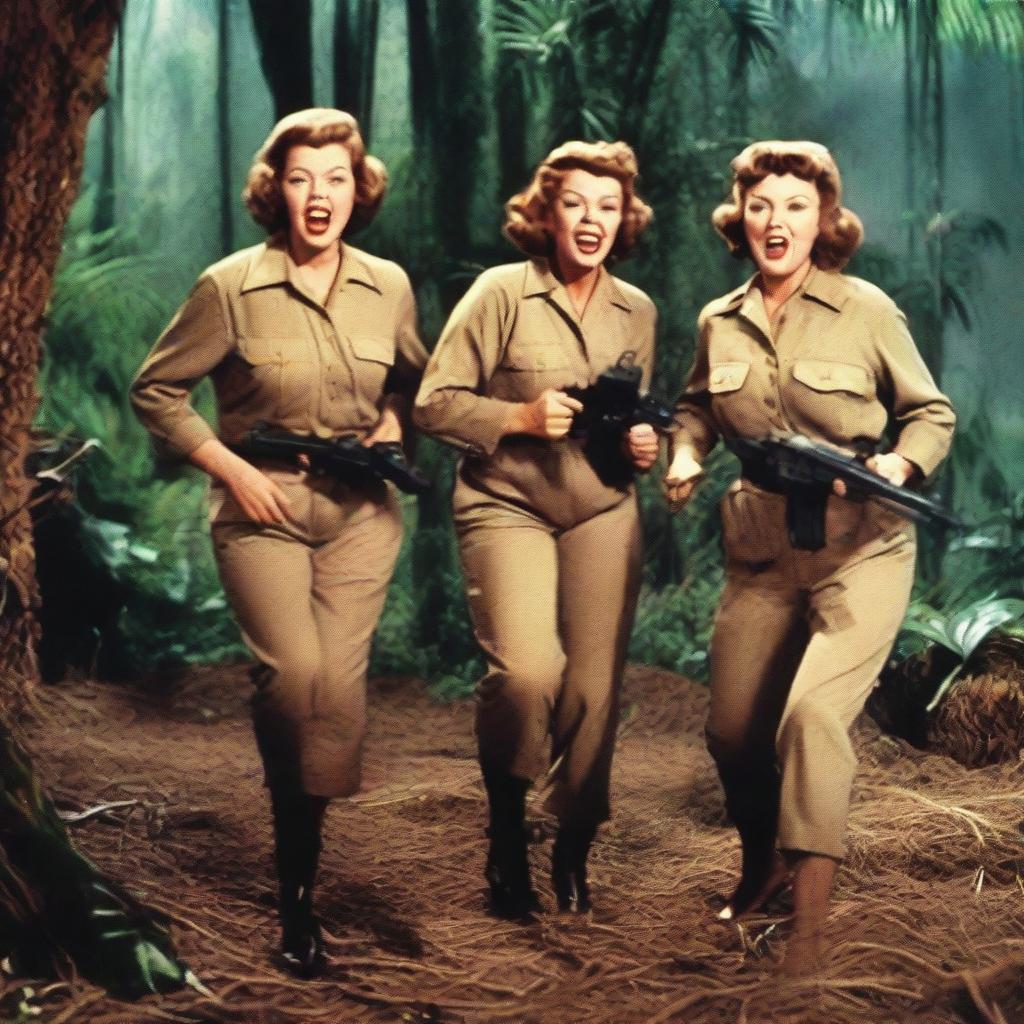 Ethel Merman, Rosemary Clooney, and Martha Raye in their 60s, dressed like commandos in a dense jungle, battling an alien creature